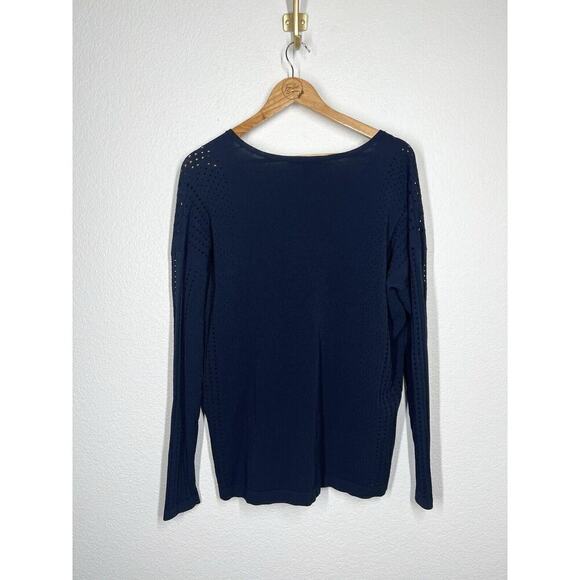 Autumn Cashmere Navy Perforated Stretch Crepe Knit Top Large - Picture 4 of 4